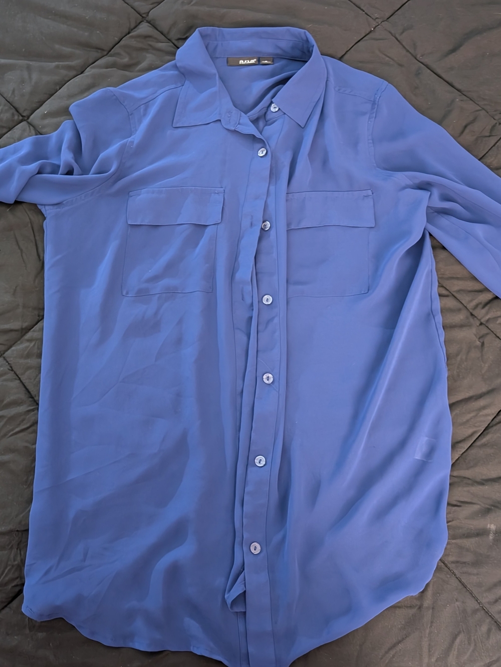 a.n.a Women's Sheer Royal Blue Button-Down Shirt with Chest Pockets